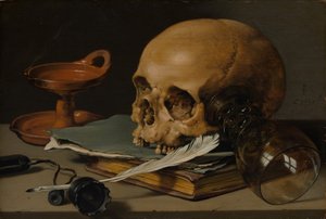 頭蓋骨とライティングクイルのある静物、1628年。 作： Pieter Claesz