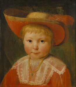 赤い裏地の麦わら帽子をかぶった子供の肖像 1635-40年頃 樫の木に油彩 作： Pieter Claesz Soutman