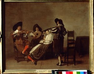 ""ソワレ ミュージカル"" (音楽の夕べ) 3 人のミュージシャンと 1 人の若い女性 (ボーカル)。 Pieter Codde (1599-1678) の絵画 17 世紀 プーシキン美術館、モスクワ 作： Pieter Codde