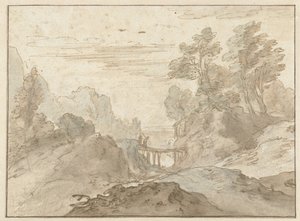狭い橋の上に二人の人物がいる山の風景 作： Pieter Dircksz van Santvoort (possibly)