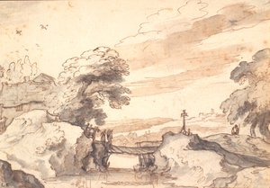 小川に架かる古い橋のある風景 作： Pieter Dircksz van Santvoort