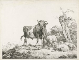 ポラード柳の近くに横たわる雄牛、雄羊、2 頭の羊 作： Pieter Gerardus van Os