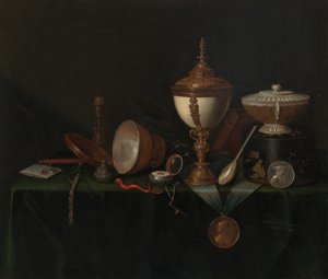 ダチョウの卵カップとホイットフィールドの家宝のある静物、c。 1670年。 作： Pieter Gerritsz van Roestraeten