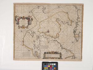 アメリカの北東端の海岸の新しい地図 (オフホワイトの敷紙に手彩色で彫刻) 作： Pieter Goos