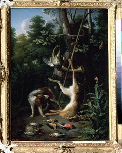 「狩猟犬と狩猟鳥」 (犬と狩猟鳥) ピーター・ガイゼルス (1621-1691) 17世紀の絵画。 プーシキン美術館、モスクワ 作： Peeter Gijsels