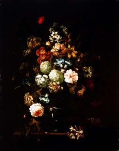 ガラスの花瓶に入った花の静物画 作： Pieter Hardime