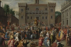 国会議事堂に集まるローマの女性たち パピリウスのおかげで国会議事堂でのローマの女性の台頭 作： Pieter Isaacsz.