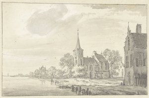 村の教会と川沿いの家々 作： Pieter Jan van Liender