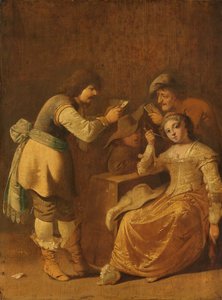 パイプを吸う女性とカード・プレイヤー 作： Pieter Jansz. Quast