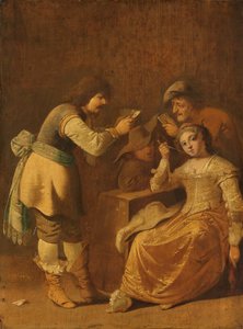 パイプを吸う女性とカード プレーヤー 作： Pieter Jansz Quast