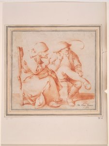 古い農民のカップルが座っています。 作： Pieter Jansz. Quast
