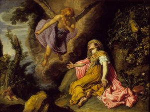 ハガルと天使、1614年（木材に油彩） 作： Pieter Lastman