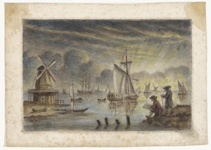 船、風車、製図工がいる海岸の景色 作： Pieter Louw (attributed to)