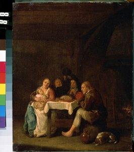 ""The Prayer Before Dinner"" (夕食前の祈り) 質素なオランダ人家族の食事中の恵みの瞬間。 Peeter Meulenaer (1602-1654) による絵画 17 世紀 Mikhail Kroshitsky Art Museum、Sevastopol (Sevastopol) Ukr 作： Pieter Molenaer