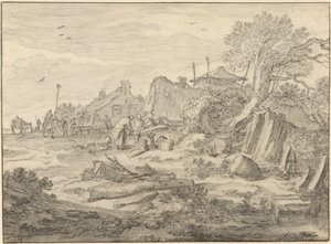 車輪を修理する男たちのいる農園 作： Pieter Molijn