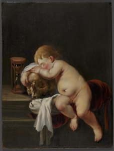 頭蓋骨の上で寝ている少年 作： Pieter Moninckx