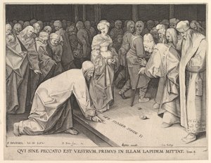 キリストと姦通に連れて行かれた女、1579年。 作： Pieter Perret