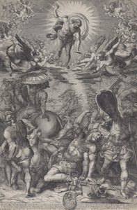 キリストのように馬と兵士に囲まれて地面に横たわっているサウルの回心...、1583