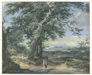 太い木々と人間のスタッフがいる丘陵の風景 作： Pieter Pietersz. Barbiers