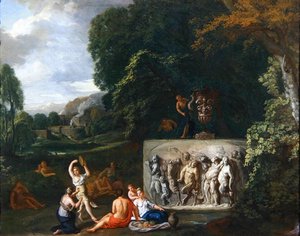 シレノスの凱旋」を描いた石棺のそばで乙女たちが踊る古典的風景（油彩・キャンバス）
