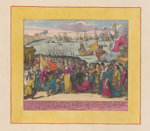 ムタロに到着したエリーザベト・クリスティーヌ・ヴァン・ヴォルフェンビュッテル王女、1708年 エリザベス・ヴァン・ヴォルフェンブッテル スペイン女王の到着 (...) (オブジェクトのタイトル) 戦争の劇場、チャールズ 2 世の始まり。 カレル・デン1世まで 作： Pieter Schenk (I)