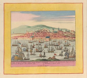 1704 年、リスボンに到着したオランダとイギリスの艦隊、国王チャールズ 3 世 彼の山の着陸 1704 年 3 月 7 日、ポルトガルのリスボンへのスペイン王カレル デ III (...) (オブジェクトのタイトル) 戦争の劇場、カレル デン王の始まり 作： Pieter Schenk (I)