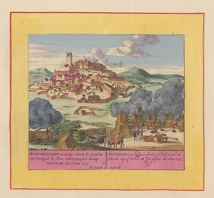 アルバカーキ包囲戦、1705年 スペインのアルベルケルケは、エルヴァスでポルトガルの国境にまたがり、1705 年 6 月 10 日、カレル デ 3 世王に服従します (オブジェクトのタイトル) 戦争の劇場、チャールズ 2 世の始まり。 またキング・カー 作： Pieter Schenk (I)