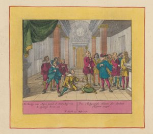 1700 年、アンジュー公フィリップがスペインの王冠を受け取る アンジュー公はスペイン王冠の申し出を受け入れる (...) (オブジェクトの称号) 戦争の劇場、チャールズ 2 世の始まり。 チャールズ3世まで。 IXに存在 作： Pieter Schenk (I)