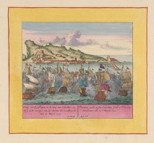 ジブラルタルの戦い、1705 ポンティは、同盟国の艦隊のジブラルタル湾（手前にあるシエ・デセ）で殴打された、デン20 Meert、1705年（オブジェクトのタイトル） 戦争の劇場、チャールズ 2 世の始まり。 カレルデン王まで