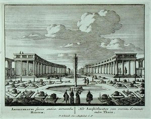 1715年以前に出版されたヤン・ファン・コール（1656-1703）の「Admirandorum Quadruplex Spectaculum」より、庭園にある古典的な円形劇場（エングレーヴィング）。 作： Pieter Schenk