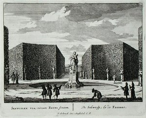 1715年以前に出版されたヤン・ファン・コール（1656-1703）の「Admirandorum Quadruplex Spectaculum」より、ファウヌスの泉のそばにある六角形の垣根（エングレーヴィング） 作： Pieter Schenk