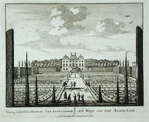 ヤン・ファン・コール（1656-1703）が1715年以前に出版した「Admirandorum Quadruplex Spectaculum」より、サン・アンネン・ランドの家と庭園（エングレーヴィング）