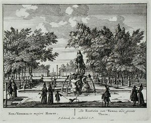 1715年以前に出版されたヤン・ファン・コール（1656-1703）の「Admirandorum Quadruplex Spectaculum」より、大庭園にあるヴィーナスの泉（彫刻）。