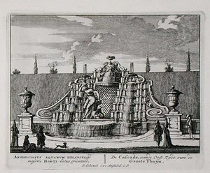 1715年以前に出版されたヤン・ファン・コール（1656-1703）の「Admirandorum Quadruplex Spectaculum」より、東洋の庭園のカスケード（エングレービング） 作： Pieter Schenk