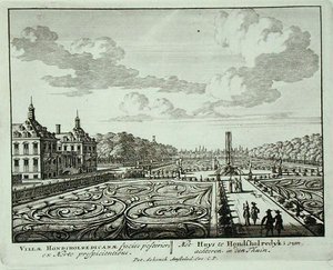 1715年以前に出版されたヤン・ファン・コール（1656-1703）の「Admirandorum Quadruplex Spectaculum」より、ホンショーレディックの庭園（彫刻）。