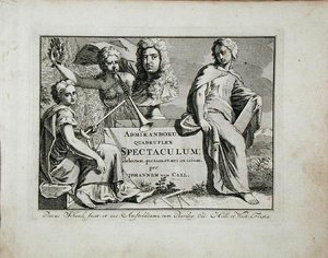1715年以前に出版されたヤン・ファン・コール（1656-1703）の「Admirandorum Quadruplex Spectaculum」のタイトルページ（エングレーヴィング）。 作： Pieter Schenk