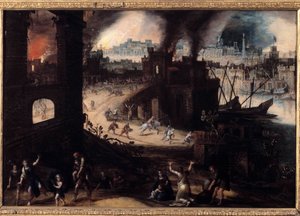 トロイの破壊」 ピーテル・シューブルック（1570-1607）による絵画 17世紀 ブザンソン。美術博物館 作： Pieter Schoubroeck