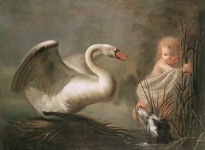 子供とスパニエルから巣を守る白鳥