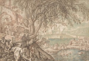 猟師と池でアヒルを回収する犬を観察する会社 4 月、c1610-20。 作： Pieter Stevens