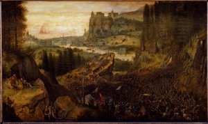 ペリシテ人とイスラエル人の戦い：サウルとその従者は剣を投げつけられる。(画 作： Pieter Bruegel the Elder