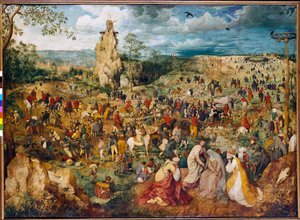 十字架を運ぶキリスト（Carrying the cross）。ピーテル・ブリューゲル（またはブリューゲルまたはブリューゲルまたはブリューゲル）前者（1525-1569）による絵画。1564.木に油彩。寸法：1,24 X 1,70m。ウィーン、美術史博物館。