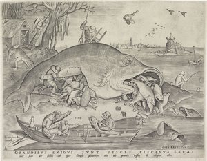 大きな魚が小さな魚を食べる。ピーターファンデルハイデンが刻んだ1557 作： Pieter The Elder after Brueghel