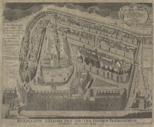 Gezicht op het Sint-Elisabethbegijnhof en de Sint-Elisabethkerk te Gent 1234 年からゲントの説教者の管理下にある聖エリザベスのベギナシウム (オブジェクトのタイトル) 作： Pieter Wauters
