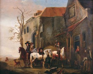 インのドアでライダーと馬 作： Pieter Wouwermans or Wouwerman