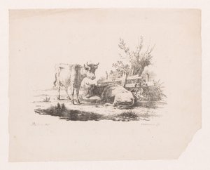フェンスとシロヤナギで 2 頭の牛 作： Pieter de Goeje