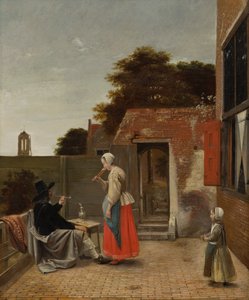 中庭で喫煙する男性と飲酒する女性、1658〜60年頃 作： Pieter de Hooch