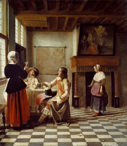 インテリア、2人の男性と一緒に飲む女性、および1度のメイド 作： Pieter de Hooch
