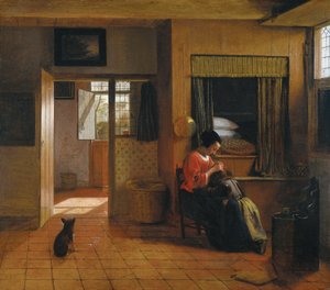 「母の仕事」として知られている、母親が子供の髪を掃除している内部の部屋 作： Pieter de Hooch
