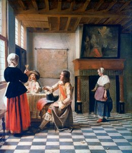インテリア、2人の男性と飲む女性、および女中、c1658 作： Pieter de Hooch