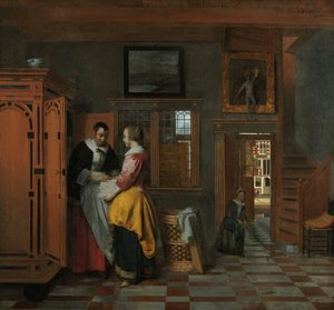 リネン戸棚の横に女性がいるインテリア、1663 作： Pieter de Hooch
